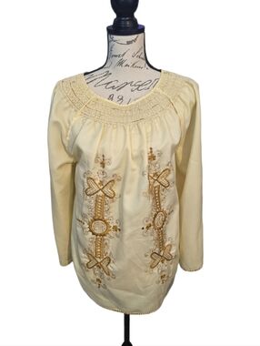 70s Embroidered Peasant Blouse - Cream Sz L-XL